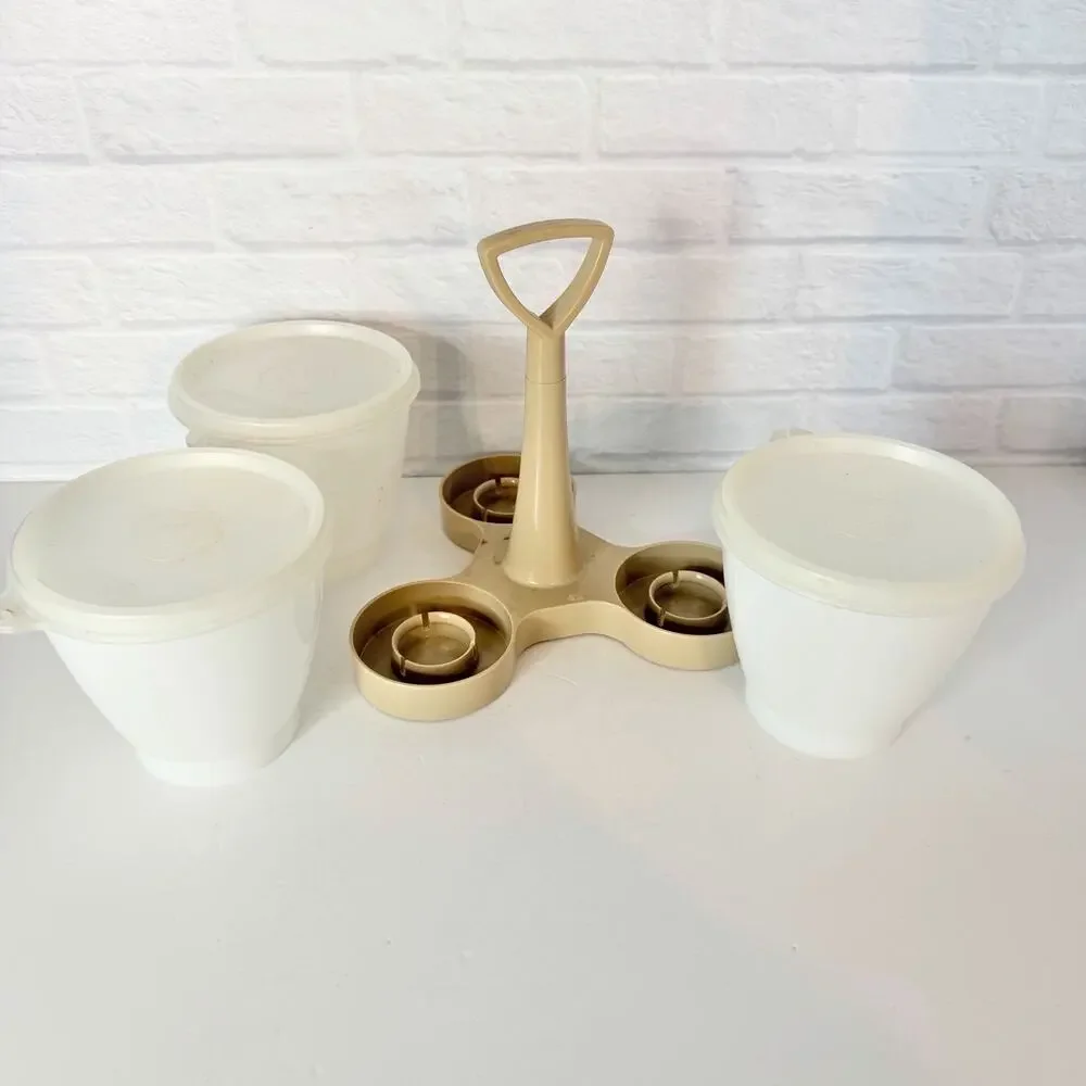Vintage Tupperware Condiment Serving Caddy Almond 3 Containers Lids 757-2